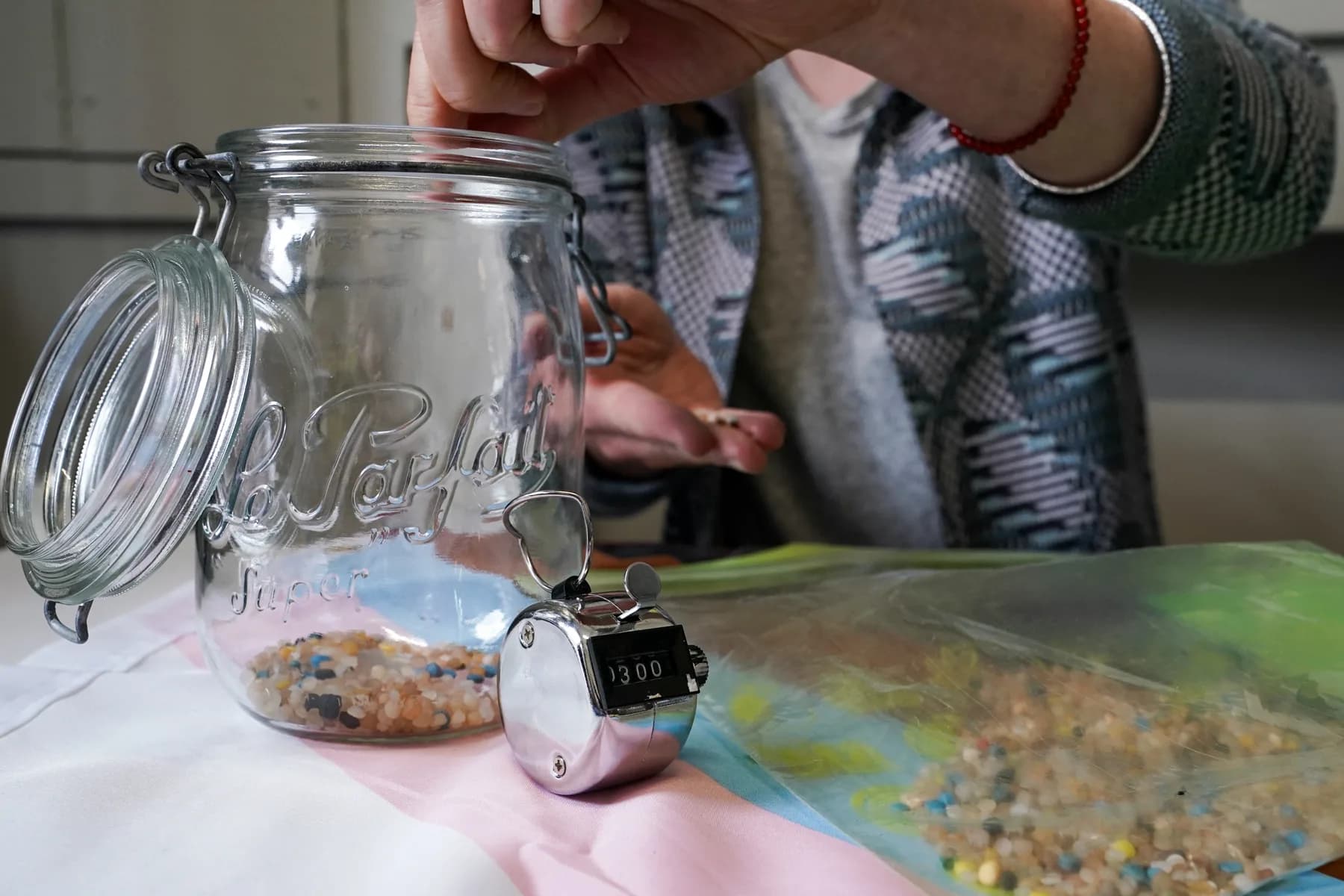 After collecting nerdles during community litter-picks, Sophie Eastwood documents the amount they were able to find. nerdles, and other environmentally harmful pollutents, have embedded themselves into the ecosystem on the coast.